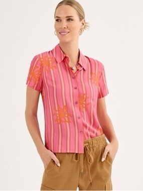 CAbi Cottage Pink & Orange Striped Short Sleeve Collared Button-Up Shirt Small
